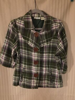 Maurices Green Plaid Button-Front Jacket with Purple Accents